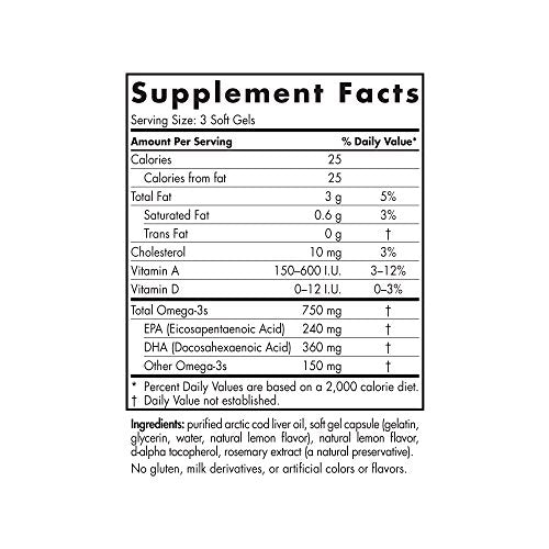 Nordic Naturals Pro Arctic Cod Liver Oil- 100% Wild Arctic Cod Liver Oil, 240 mg EPA, 360 mg DHA, Support for Heart, Brain, and Immune Health*, 180 Soft Gels Supplement Nordic Naturals 