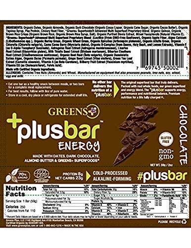 Greens+ Plusbar Energy Chocolate | Organic | Vegan | Non-GMO | Soy, Dairy & Gluten Free Bar Made with Organic Dates, Dark Chocolate, Almonds & Superfoods |EcoCert Certified| 70% Cacao, Box of 12 Bars Supplement Greens+ 