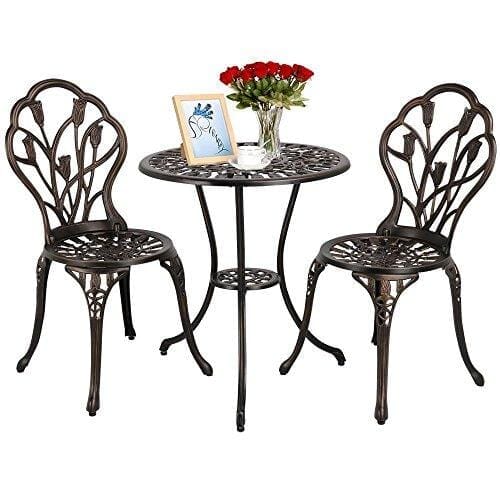 YAHEETECH 3 PCS Patio Set Tulip Design Setting Cast Bistro Table Chair Outdoor Patio Furniture, Aluminum, Antique Bronze Furniture YAHEETECH 