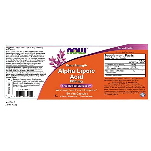 NOW Alpha Lipoic Acid 600 mg,120 Veg Capsules Supplement NOW Foods 