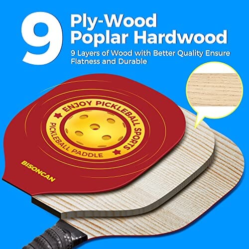 BISONCAN Pickleball Paddles-Pickleball Set of 4 Wood Paddles, Indoor & Outdoor Pickle Balls, Set of 4 Pickleball Rackets with Ergonomic Cushion Grip Sports BISONCAN 