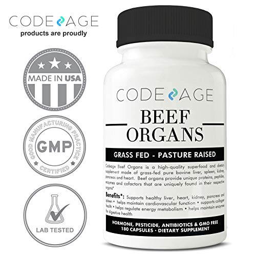 Codeage Grass Fed Beef Organs (Desiccated), 180 Count — All-in-one Liver, Heart, Kidney, Pancreas, Spleen, 3000mg per Servings, 100% Pasture Raised in Argentina Supplement Code Age 