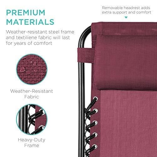 Best Choice Products Set of 2 Adjustable Zero Gravity Lounge Chair Recliners for Patio, Pool w/Cup Holders - Burgundy Lawn & Patio Best Choice Products 