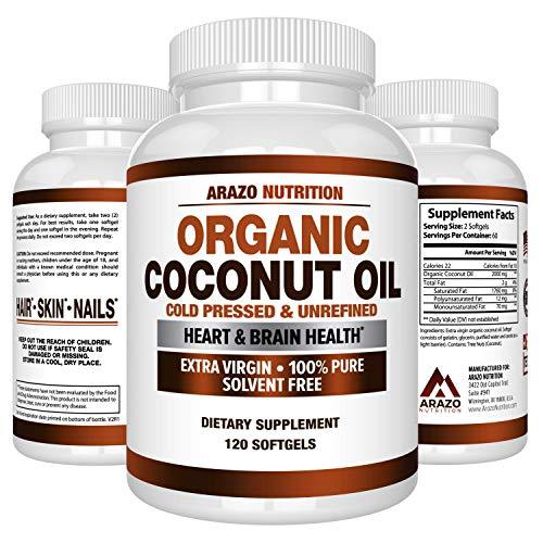 Organic Coconut Oil 2000mg - 100% EXTRA VIRGIN Cold Pressed for Weight Loss, Skin, Hair, Nails - 120 Softgel Capsules - Arazo Nutrition Supplement Arazo Nutrition 