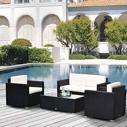 Outsunny 4-Piece Cushioned Patio Furniture Set, with 2 Chairs, Sectional, and Glass Coffee Table, Rattan Wicker, Black Lawn & Patio Outsunny 