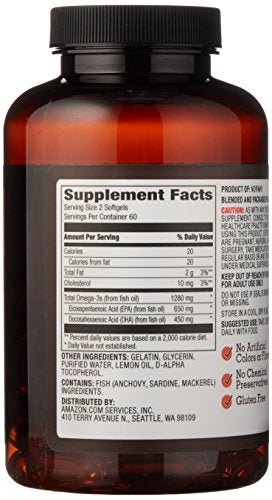 Amazon Elements Super Omega-3, Natural Lemon Flavor, 1280 mg per serving, 120 Softgels, 2 month supply Supplement Amazon Elements 