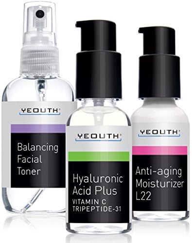 Best Anti Aging 3 Pack Skin Care System by YEOUTH, Professional Grade Hyaluronic Acid Serum, Patented L22 Face Moisturizer, and Balancing Face Toner - Anti Aging Serum Kit - 100% GUARANTEED Skin Care Yeouth 