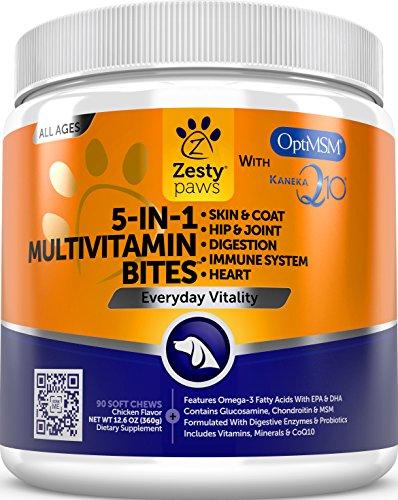 Multivitamin for Dogs - Glucosamine & Chondroitin + MSM for Hip & Joint + Arthritis - Fish Oil for Skin & Coat + Digestive Enzymes & Probiotics + CoQ10 Dog Vitamins - Chicken Flavor - 90 Chew Treats Animal Wellness Zesty Paws 