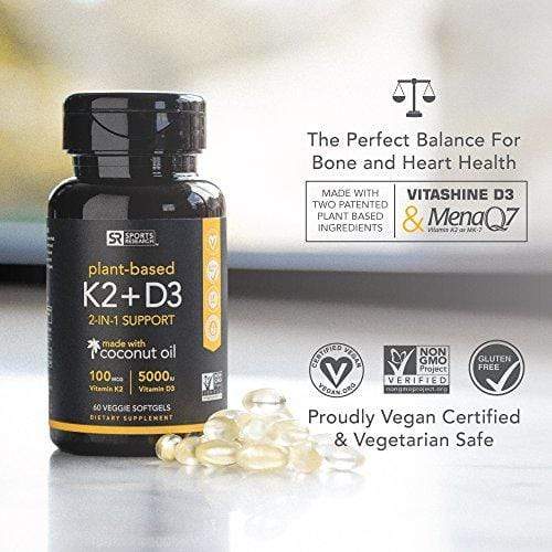Vitamin K2 + D3 with Organic Coconut Oil for better absorption | 2-in-1 Support for your Heart, Bones & Teeth | Vegan Certified, GMO & Gluten Free ~ 60 Veggie Gels Supplement Sports Research 