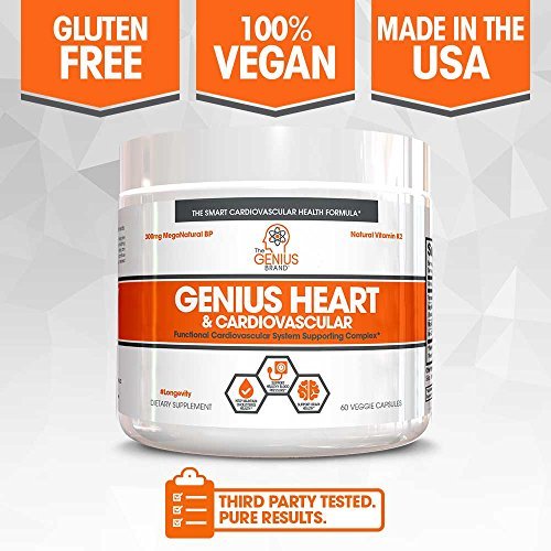 Genius Heart & Cardiovascular Health Supplement – Cholesterol Lowering Vein & Blood Pressure Support w/Grape Seed Extract, Vitamin K2 MK7 & CoQ10 – Antioxidant Energy for Men & Women,60 Veggie Pills Supplement The Genius Brand 