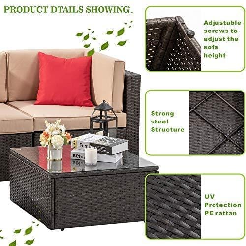 Vongrasig 5 Pieces Patio Furniture Set, All-Weather Outdoor Small Sectional Patio Sofa Set, Wicker Rattan Patio Sofa Couch Conversation Set w/Ottoman, Glass Table, Beige Cushions & Red Pillow, Brown Furniture Vongrasig 