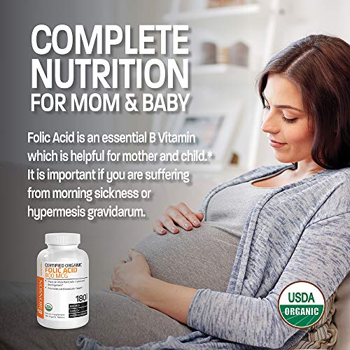 Bronson Organic Folic Acid, USDA Certified & Vegetarian, Ultimate Prenatal Vitamin, 180 Tablets Supplement Bronson 