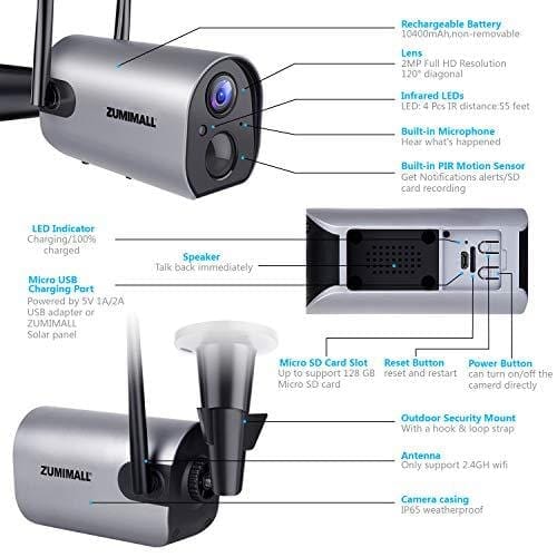 Wireless Outdoor WiFi Security Camera, Rechargeable Battery-Powered Home Security Camera, 1080P Night Vision/Waterproof, PIR Motion Detection, 2-Way Audio, Compatible with Cloud Storage/SD Slot Camera ZUMIMALL 