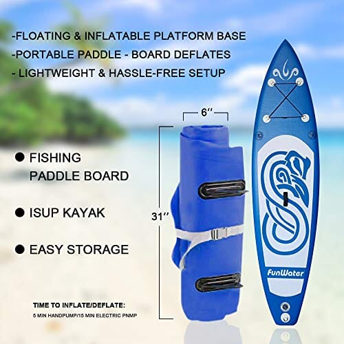 FunWater Inflatable 10'x31''x6'' Stand UP Paddle Board Ultra-Light (17.6lbs) Everything Included ISUP, Adj Paddle, Kayak Seat, Pump, SUP Backpack, Leash, Waterproof Bag, Non-slip Deckpad Youth & Adult Outdoors FunWater 