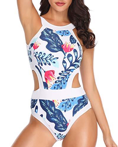 Holipick Women One Piece High Neck Floral Printed Cut Out Backless Bathing Suits Swimsuit Blue Medium Women's Swimwear Holipick 