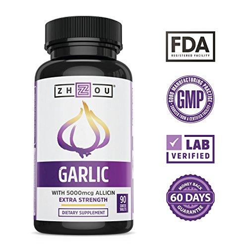Extra Strength Garlic with Allicin - Powerful Immune System Support Formula - Enteric Coated Tablets for Easy Swallowing - Feel the Allicin Difference - 3 Month Supply Supplement Zhou Nutrition 