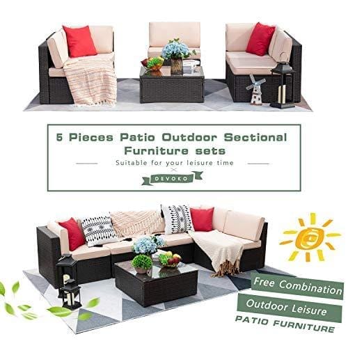 Devoko Patio Furniture Sets 6 Pieces Outdoor Sectional Rattan Sofa All-Weather Manual Weaving Wicker Patio Conversation Set with Glass Table and Cushion (Beige) Lawn & Patio Devoko 
