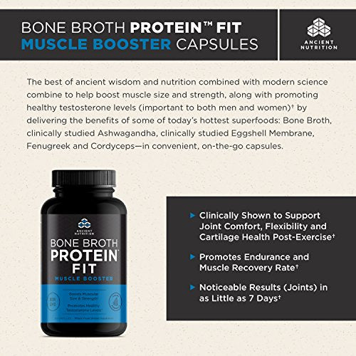 Ancient Nutrition Bone Broth Protein Fit Muscle Booster, 180 Capsules — Boosts Muscle Size and Strength Supplement Ancient Nutrition 