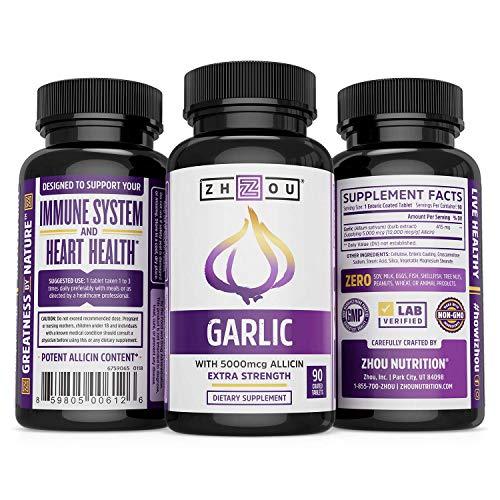 Extra Strength Garlic with Allicin - Powerful Immune System Support Formula - Enteric Coated Tablets for Easy Swallowing - Feel the Allicin Difference - 3 Month Supply Supplement Zhou Nutrition 