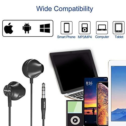 PHILIPS Wired Earbuds with Microphone - Ergonomic Comfort-Fit in Ear Headphones with Mic for Cell Phones, Earphones with Microphone with Bass Clear Sound - Black Electronics PHILIPS 
