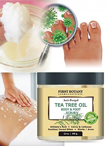 100% Natural Anti Fungal Tea Tree Oil Body & Foot Scrub 12 oz. with Dead Sea Salt - Best for Acne, Dandruff and Warts, Helps with Corns, Calluses, Athlete foot, Jock Itch & Body Odor Skin Care First Botany Cosmeceuticals 