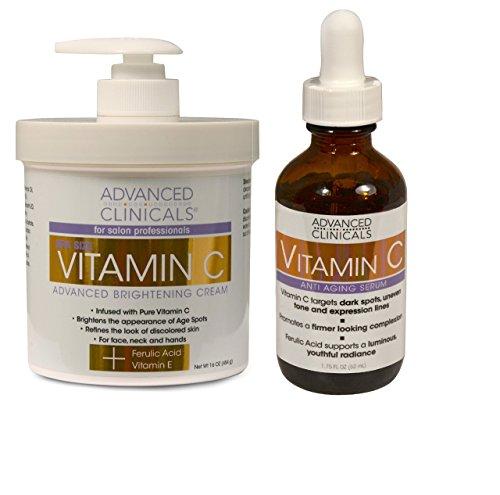 Advanced Clinicals Vitamin C Skin Care set for face and body. Spa Size 16oz Vitamin C cream and Vitamin C face serum for dark spots, age spots, uneven skin tone in as little as 4 weeks! Skin Care Advanced Clinicals 
