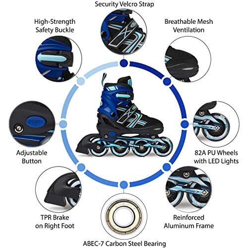 XinoSports Adjustable Children's Inline Skates for Girls & Boys with Light Up Wheels (Ages 5-20) – Roller Blades with Illuminating Wheels for Boys and Girls (Black/Aqua, Medium - 1-4) Outdoors XinoSports 