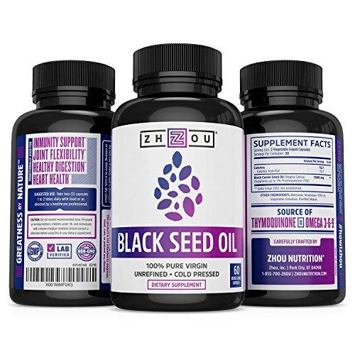 Black Seed Oil Capsules - 100% Virgin, Cold Pressed Source of Omega 3 6 9 - Nigella Sativa Black Cumin Seeds - Super Antioxidant for Immune Support, Joints, Digestion, Hair & Skin - 60 Liquid Caps Supplement Zhou Nutrition 
