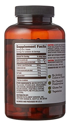 Amazon Elements Lysine Complex 1500mg with Vitamin C, Vegetarian, 195 Tablets, 2 month supply Supplement Amazon Elements 