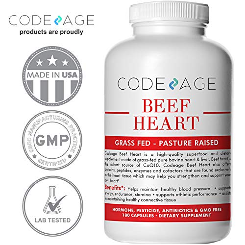 Codeage Grass Fed Beef Heart (Desiccated), 180 Count — Natural CoQ10, Supports Heart, Mitochondrial & Blood Pressure Health, 3000mg per Servings, 100% Pasture Raised in Argentina Supplement Code Age 