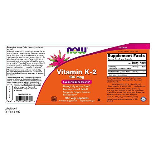 NOW Vitamin K-2 100 mcg,100 Veg Capsules Supplement NOW Foods 