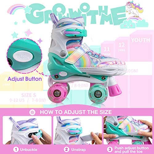 SULIFEEL Rainbow Unicorn 4 Size Adjustable Light up Roller Skates for Girls Boys for Kids - Small(US 9-12) Outdoors SULIFEEL 