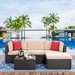 Vongrasig 5 Pieces Patio Furniture Set, All-Weather Outdoor Small Sectional Patio Sofa Set, Wicker Rattan Patio Sofa Couch Conversation Set w/Ottoman, Glass Table, Beige Cushions & Red Pillow, Brown Furniture Vongrasig 