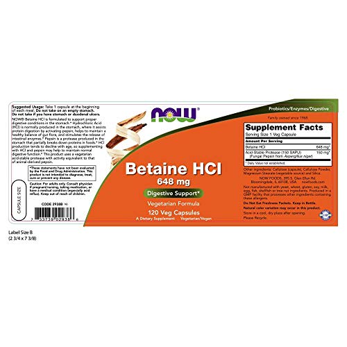 NOW Betaine HCl 648 mg,120 Capsules Supplement NOW Foods 