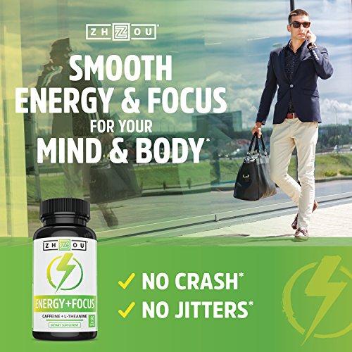Caffeine with L-Theanine for Smooth Energy & Focus - Focused Energy for Your Mind & Body - No Crash ▫ No Jitters - #1 Nootropic Stack for Cognitive Performance - Veggie Capsules Supplement Zhou Nutrition 