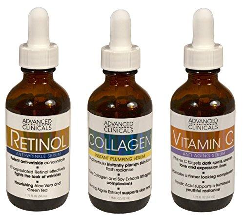 Advanced Clinicals Complete Skin Care Set with Anti-Aging Retinol Serum, Plumping Collagen Serum, and Vitamin C Serum for wrinkles, dark spots, and uneven skin tone. Three large 1.75oz bottles Skin Care Advanced Clinicals 