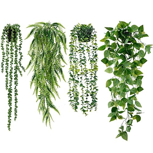Sggvecsy Fake Hanging Plants 4 Pack Artificial Hanging Plants Fake Potted Greenery Faux Eucalyptus Vine String of Pearls Boston Fern Ivy Vine Leaves for Home Indoor Outdoor Shelf Wall Garden Decor Home Sggvecsy 