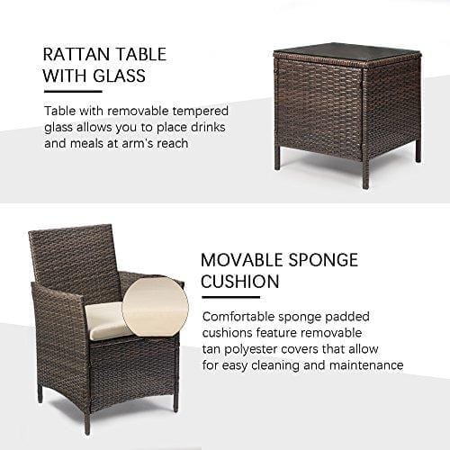 Devoko Patio Porch Furniture Sets 3 Pieces PE Rattan Wicker Chairs with Table Outdoor Garden Furniture Sets (Brown/Beige) Lawn & Patio Devoko 