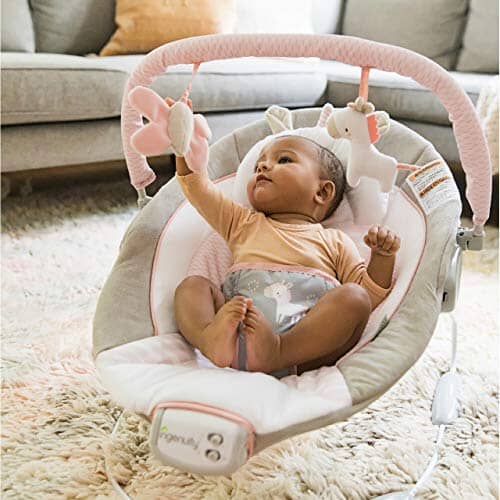 Ingenuity Soothing Baby Bouncer with Vibrating Infant Seat, Music, Removable -Toy Bar & 2 Plush Toys - Flora the Unicorn (Pink), 0-6 Months Baby Product Ingenuity 