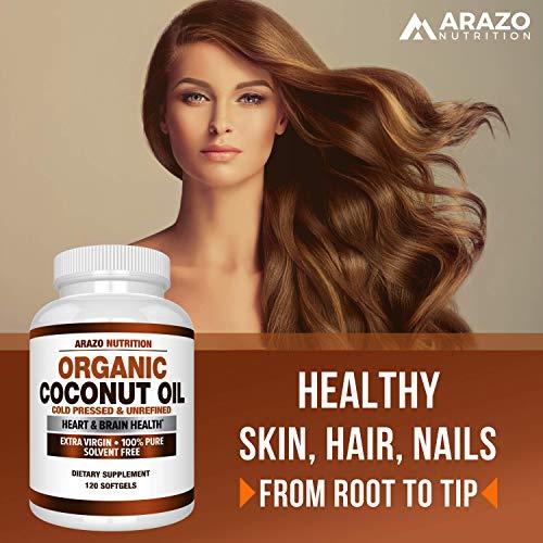 Organic Coconut Oil 2000mg - 100% EXTRA VIRGIN Cold Pressed for Weight Loss, Skin, Hair, Nails - 120 Softgel Capsules - Arazo Nutrition Supplement Arazo Nutrition 