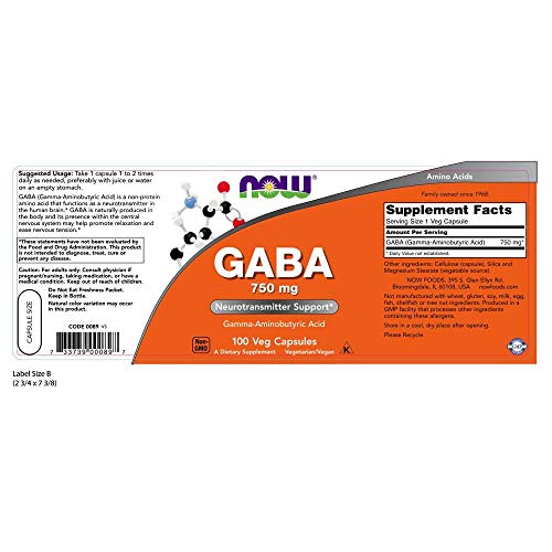 NOW GABA 750 mg,100 Veg Capsules Supplement NOW Foods 