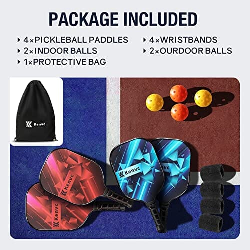 Kenvc Pickleball Paddles, Pickle Ball Paddle Set of 4, Pro Lightweight Graphite Pickleball Set, Polypropylene Honeycomb Core, 4 Pickleball Rackets, 4 Balls, 4 Wristbands, 1 Portable Carry Bag Sports Kenvc 