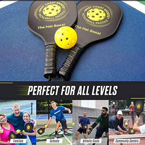 Net Beast Wood Pickleball Paddles 4 Pack - Wooden Pickleball Set with Carry Bag and 4 High Performance Balls, 7-ply Basswood, Pickleball Rackets with Ergonomic Cushion Grip, Racquette Set of 4 Sports West Coast Sports 