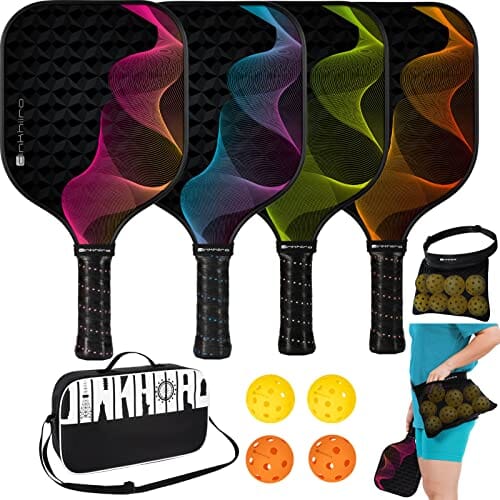 Pickle-Ball-Paddles-Set of 4 with Balls, Racket Bag, Waist Ball Holder | Fiberglass Pickleball Paddle Set for Adults, Kids | Dinkhiiro Pickleball Racquets and Accessories |Pickle-Ball Equipment Sports Dinkhiiro 