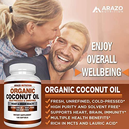 Organic Coconut Oil 2000mg - 100% EXTRA VIRGIN Cold Pressed for Weight Loss, Skin, Hair, Nails - 120 Softgel Capsules - Arazo Nutrition Supplement Arazo Nutrition 