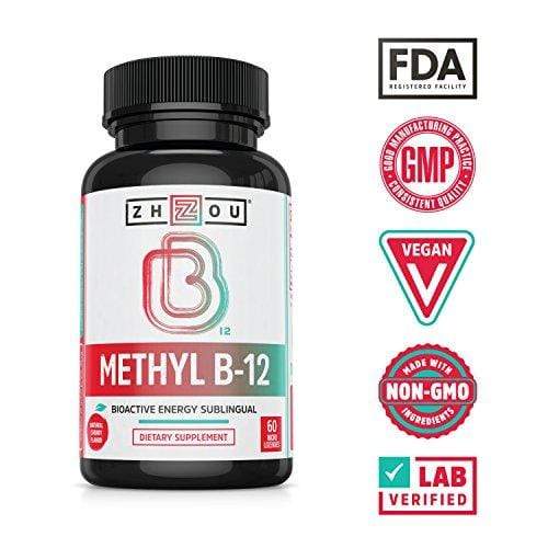 Vitamin B12 (Methyl B12) Sublingual - 5000 mcg Methylcobalamin B 12 for Maximum Absorption and Active Energy - Natural Cherry Flavor, Sugar-Free, Vegan - 60 Micro Lozenges Supplement Zhou Nutrition 
