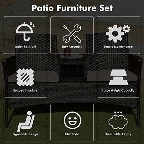 Tangkula Outdoor Rattan Loveseat, Patio Conversation Set with Cushions & Table, Modern Patio Furniture Set Wicker Sofa Set with Built-in Coffee Table, Rattan Sofas for Garden Lawn Backyard Lawn & Patio Tangkula 