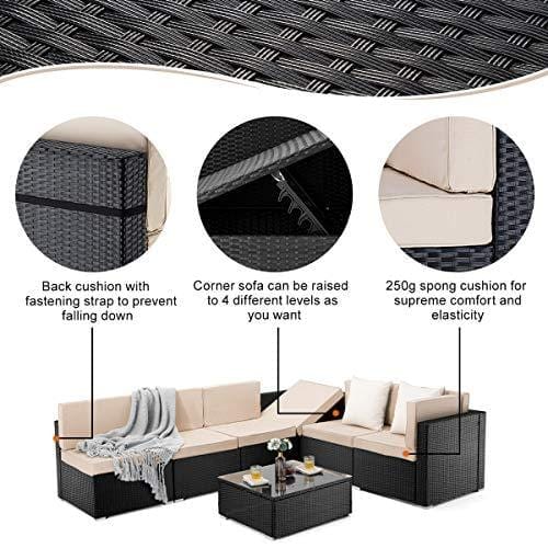 PAMAPIC 7 Pieces Patio Furniture，Outdoor Rattan Sectional Sofa Conversation Set with Tea Table and Washable Cushions, Beige Lawn & Patio PAMAPIC 