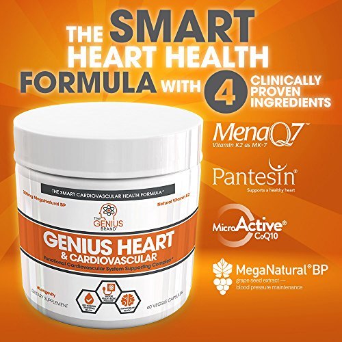Genius Heart & Cardiovascular Health Supplement – Cholesterol Lowering Vein & Blood Pressure Support w/Grape Seed Extract, Vitamin K2 MK7 & CoQ10 – Antioxidant Energy for Men & Women,60 Veggie Pills Supplement The Genius Brand 