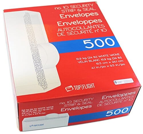 Top Flight PSTF10NWT #10 Envelopes, Strip & Seal, Security Tinted, White Paper, 24 lb, 500 Count Office Product Top Flight 